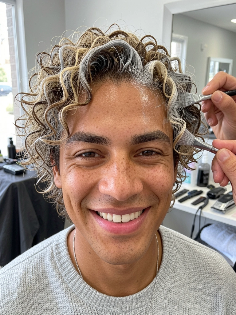 Barbeiro aplicando mechas em cabelo masculino com luzes, em barbearia moderna