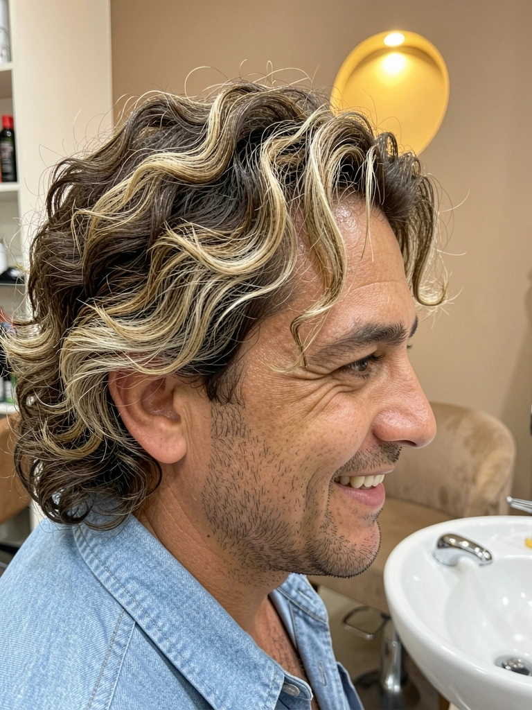 Infográfico com três seções de cabelo masculino: luzes, mechas e balayage, com faixas de cor e textos comparativos