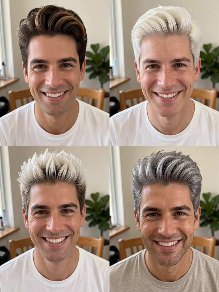 Colagem de quatro retratos masculinos com cabelos em tons moreno iluminado, platinado, frosted tips e acinzentado.
