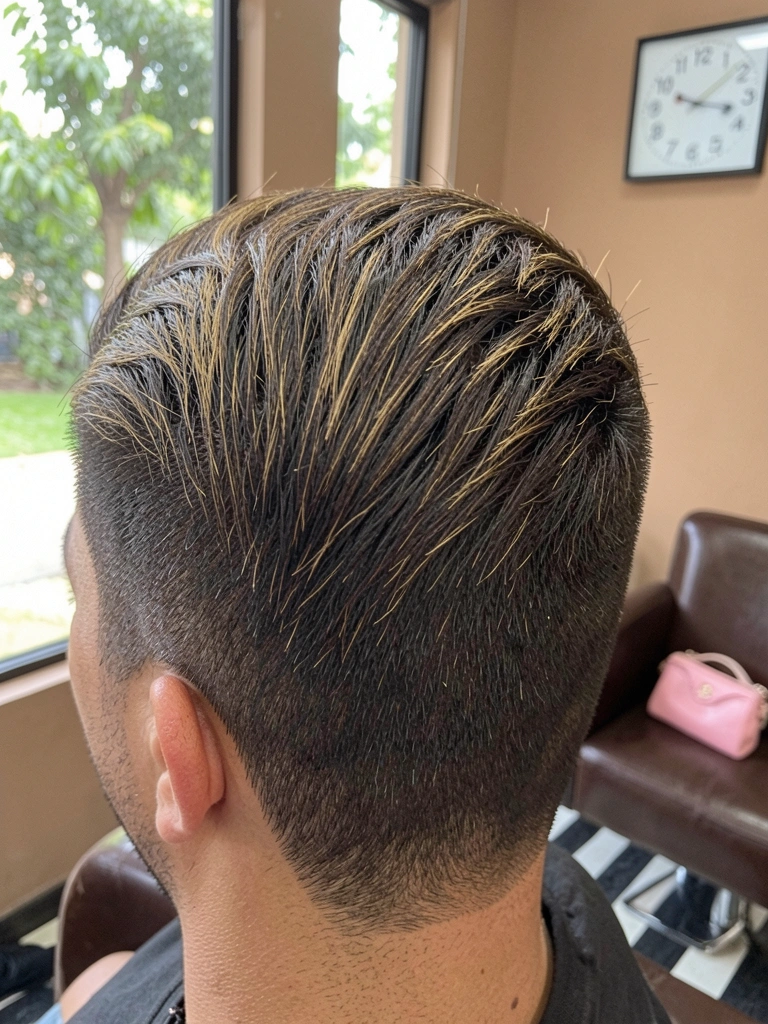 Retrato de homem moreno com corte social e mechas de luzes mel no cabelo.