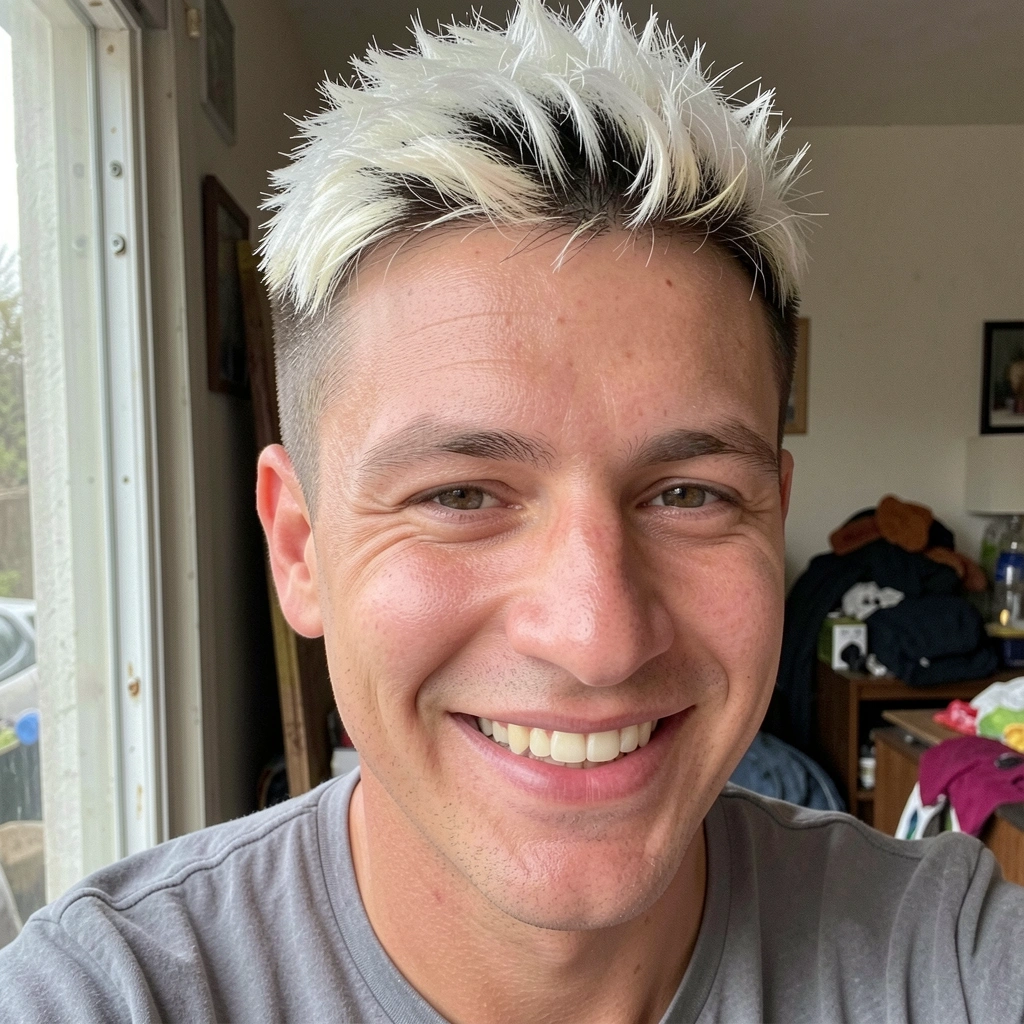 Homem de perfil com cabelo platinado e raiz escura visível na nuca