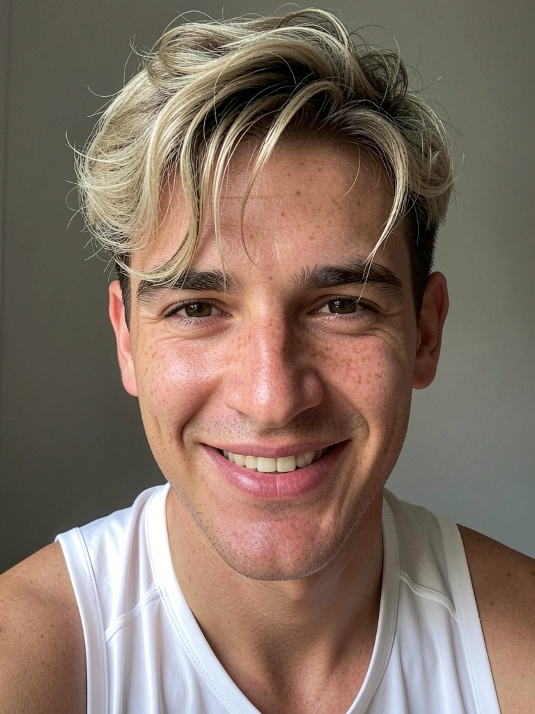 Homem de perfil com cabelo curto e pontas descoloridas em tom claro, corte degradê nas laterais