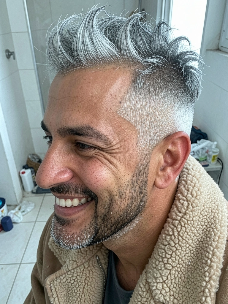 Homem de perfil com cabelo curto em tons acinzentados, iluminação fria e fundo neutro