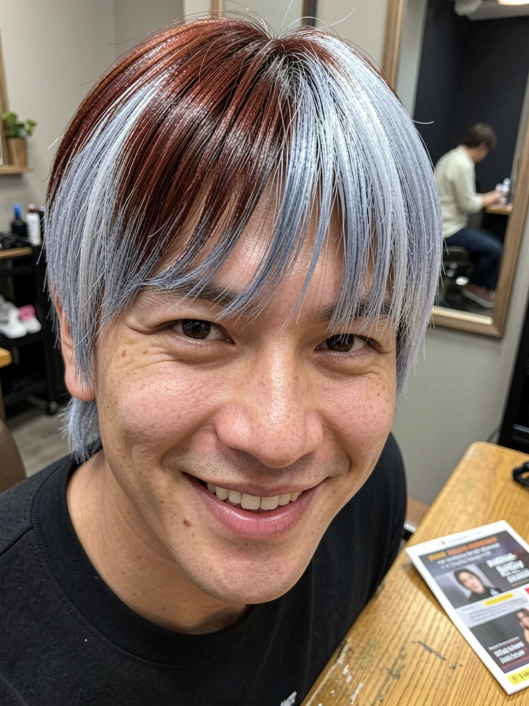 Homem de cabelo escuro com mechas frontais claras e franja, iluminação suave no rosto