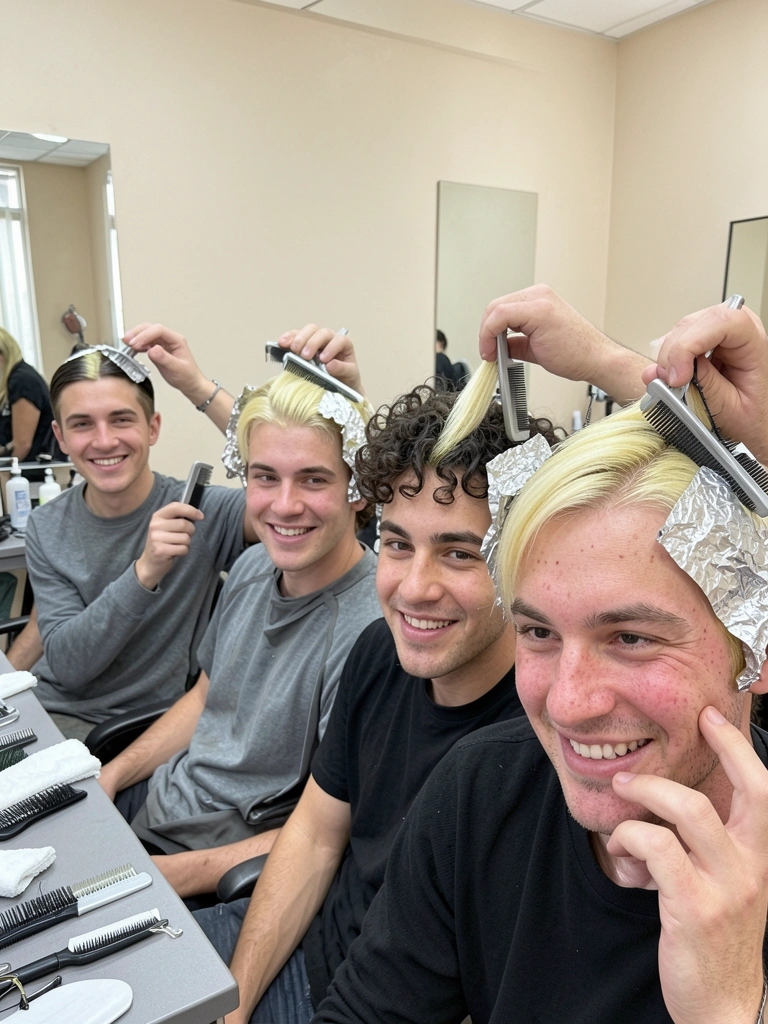 Quatro homens lado a lado mostrando cabelos liso, ondulado, cacheado e fino com mechas iluminadas
