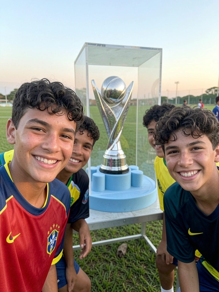 Jovens futebolistas em campo, um segurando troféu, outro ao fundo.