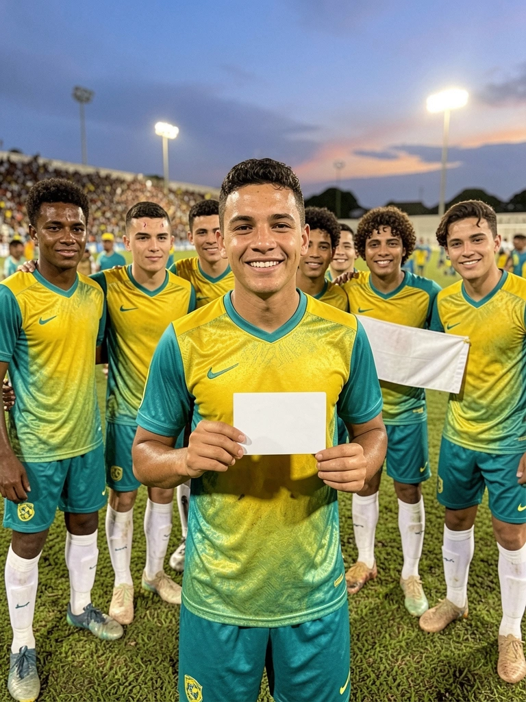 Jovem atleta em campo segurando um documento de identidade com as duas mãos.