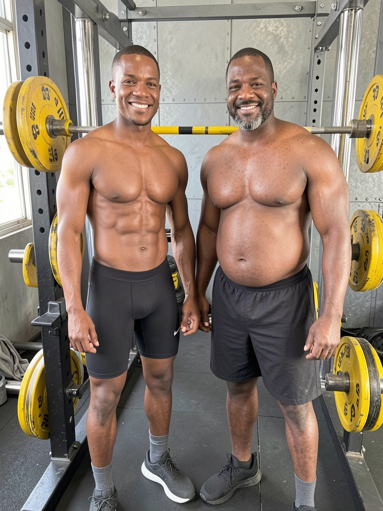 Ilustração de dois homens de mesmo peso com distribuições de massa corporal diferentes