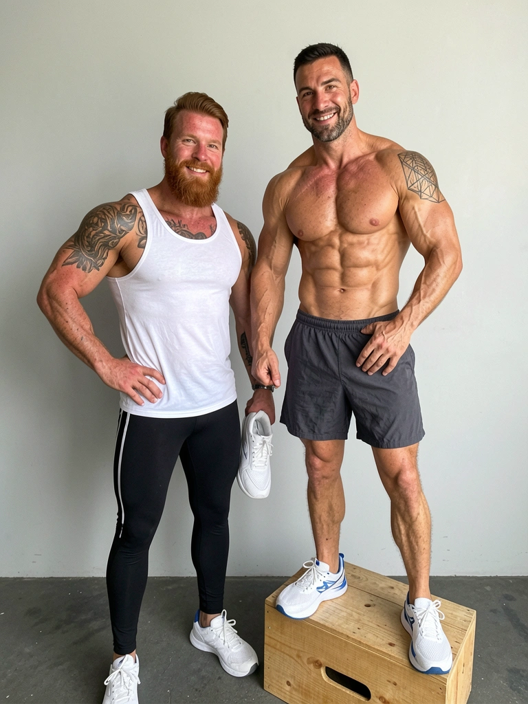 Homem sem camisa em pé, com braços e abdômen definidos, iluminado por luz lateral.