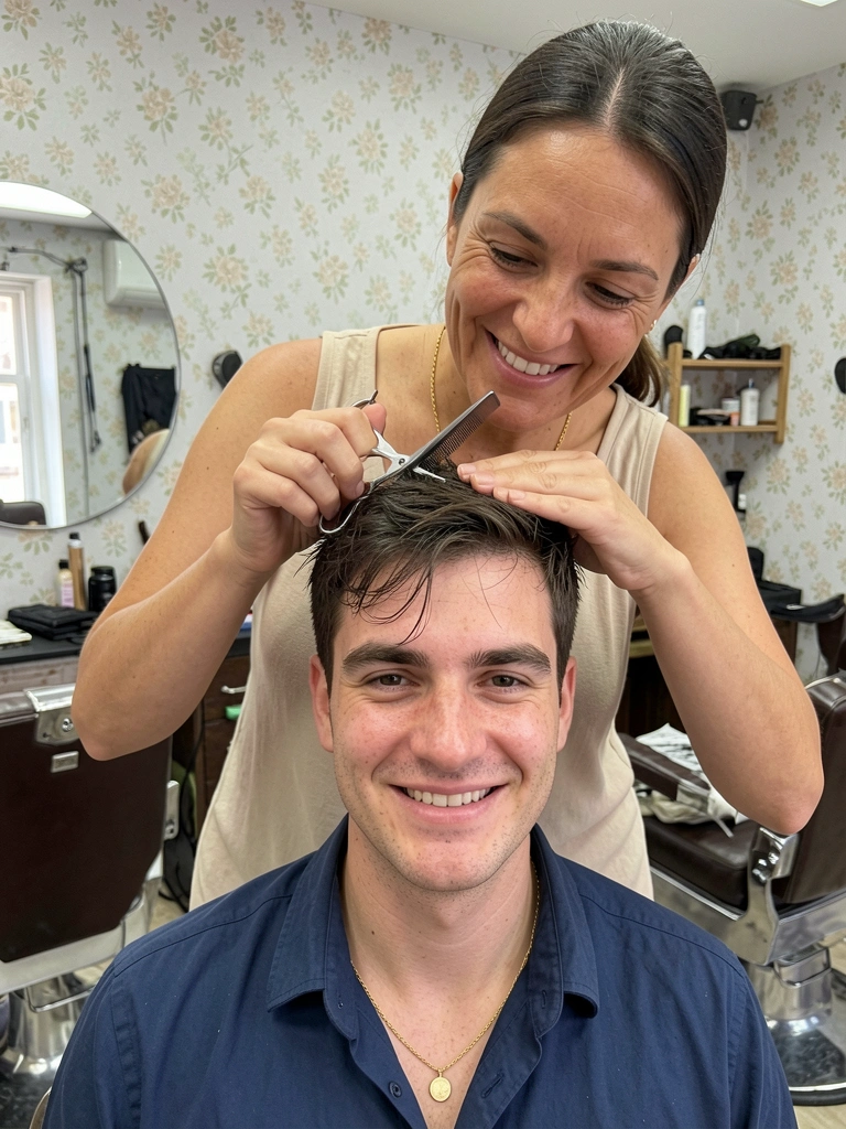 Barbeiro corta cabelo masculino com tesoura e pente em barbearia