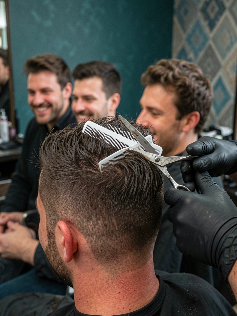 Quatro homens lado a lado exibindo cortes de cabelo masculinos finalizados com tesoura