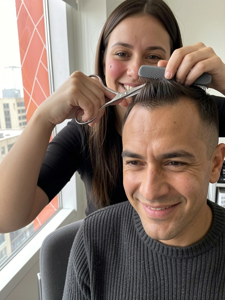 Homem de perfil com corte de cabelo masculino, topo texturizado e laterais raspadas curtas
