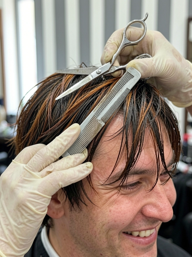 Homem de cabelo médio com camadas repicadas nas pontas, visto de frente com fundo neutro