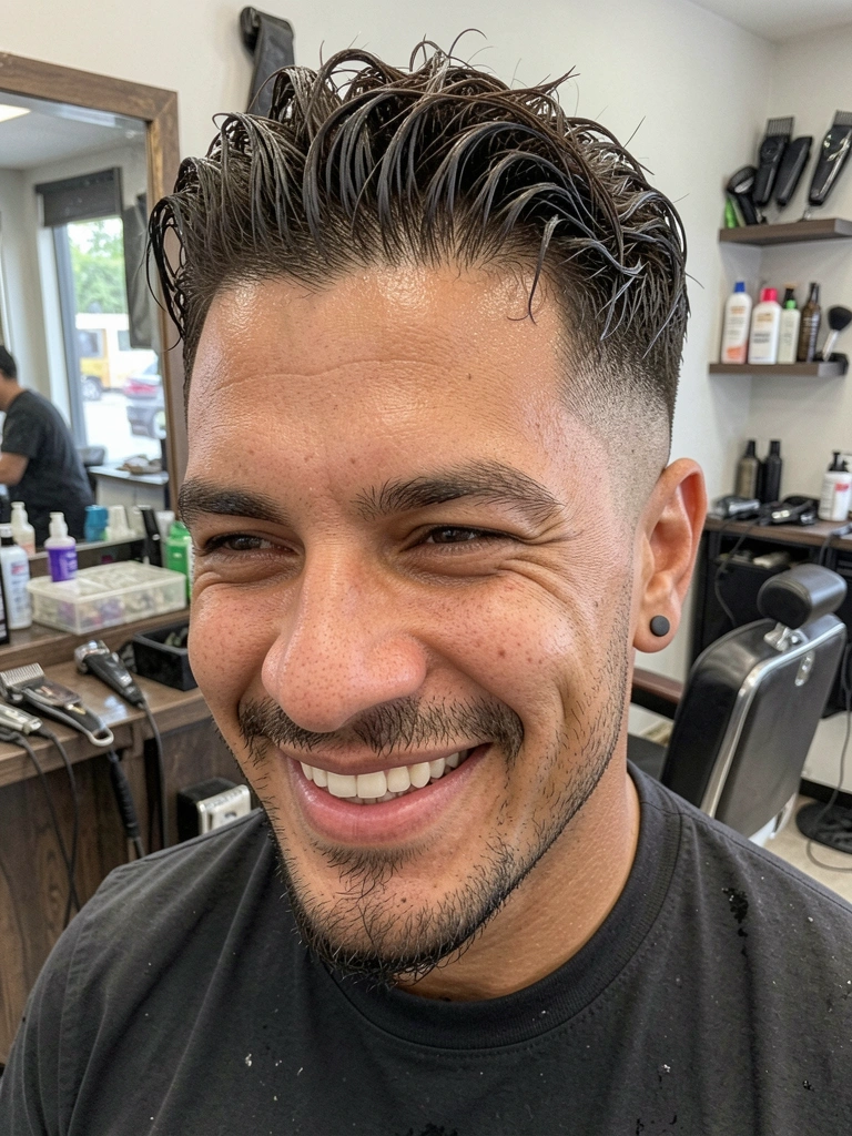 Homem sentado em cadeira de barbearia, espelho ao fundo e prateleira com frascos.