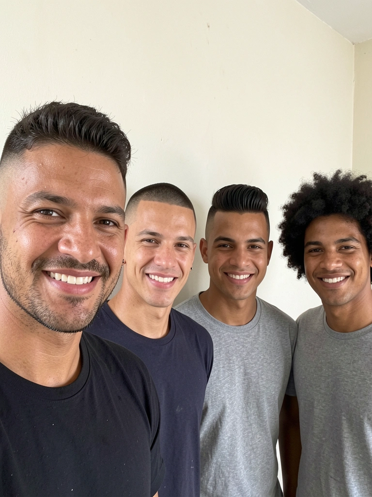 Quatro ilustrações de cortes masculinos dispostas lado a lado, com variações de comprimento e textura