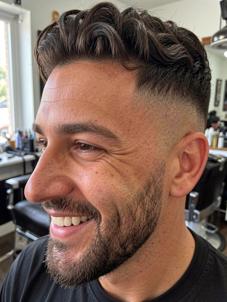 Homem de corte degradê médio sorrindo, com cadeiras de barbearia ao fundo