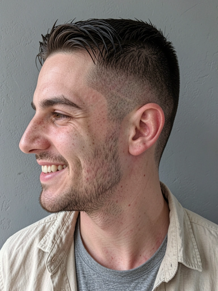 Detalhe da nuca com taper fade e degradê tradicional, cabelo raspado em transição para o topo