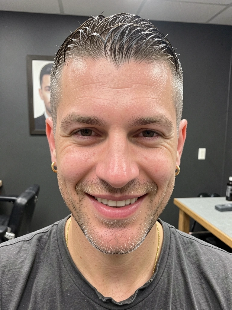 Retrato frontal de homem com buzz cut e contorno do cabelo desenhado na testa e nas têmporas
