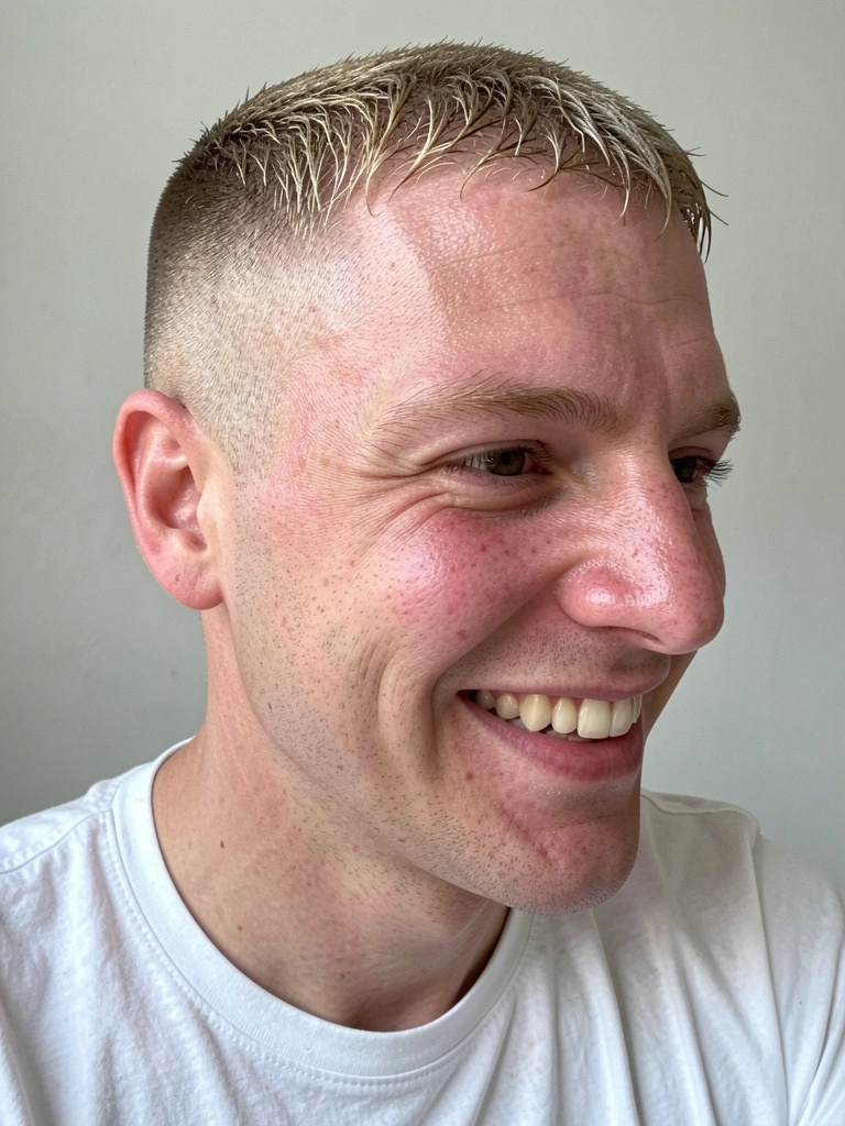 Homem de perfil com corte degradê baixo e barba aparada, fundo neutro iluminado.