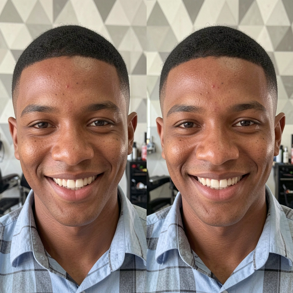 Homem de perfil com corte degradê baixo e barba aparada, fundo neutro iluminado.