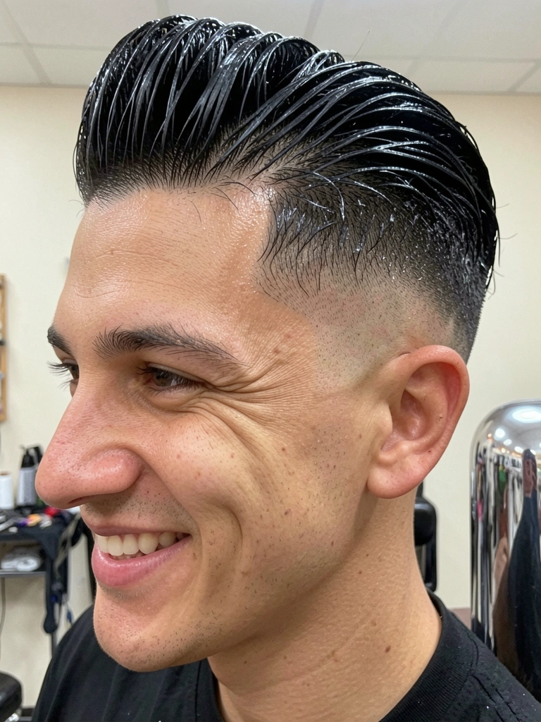 Homem de perfil com corte degradê baixo e barba aparada, fundo neutro iluminado.