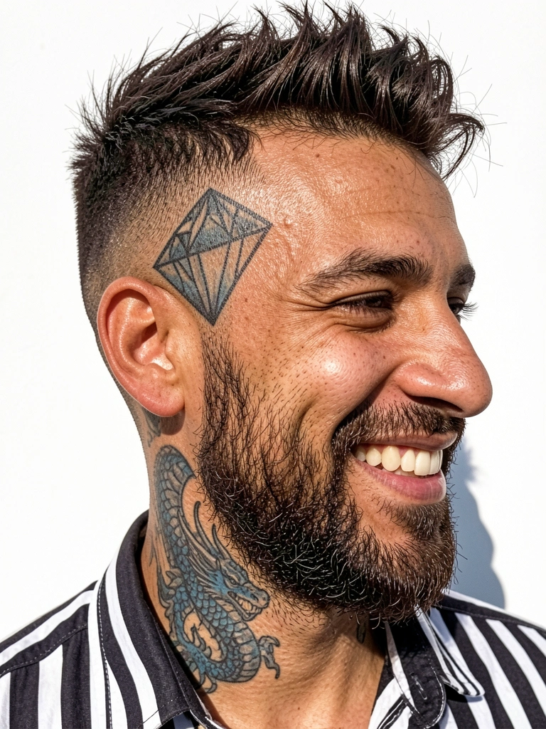 Homem de perfil com corte degradê baixo e barba aparada, fundo neutro iluminado.