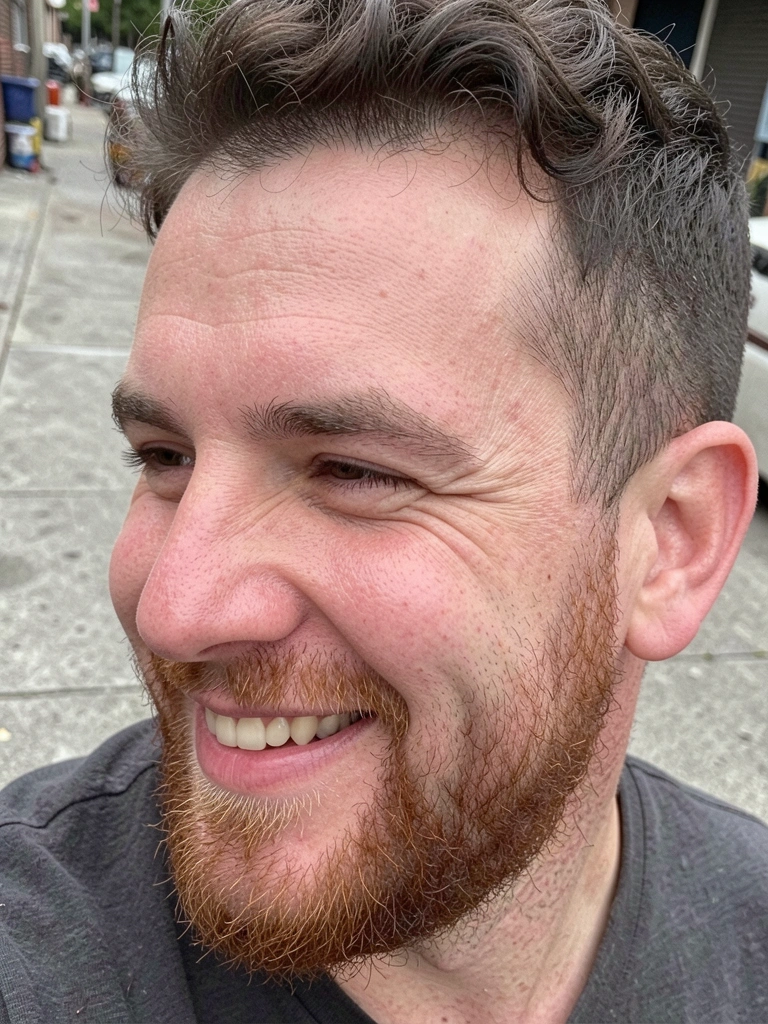 Homem de perfil com corte degradê baixo e barba aparada, fundo cinza desfocado.