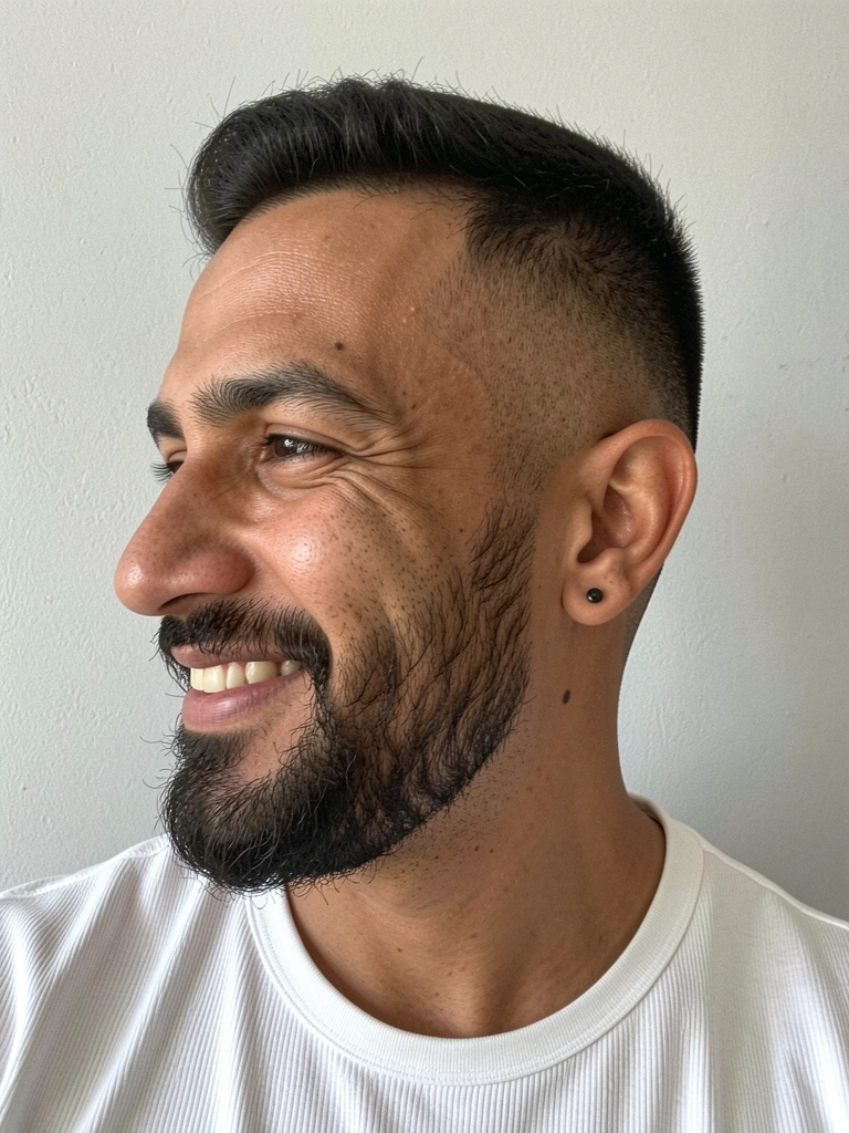 Homem de perfil com corte curto degradê e barba aparada, fundo neutro iluminado.
