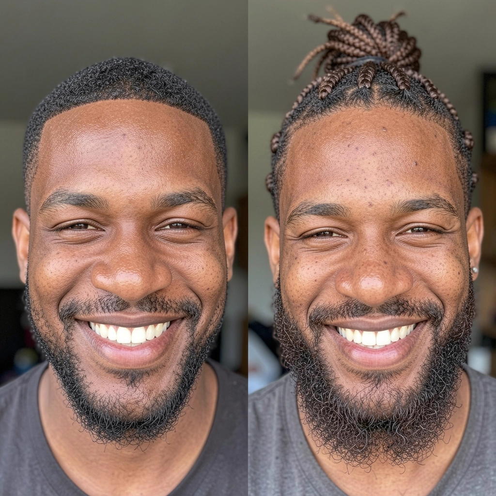 Homem de perfil com corte degradê baixo e barba aparada, fundo escuro desfocado.