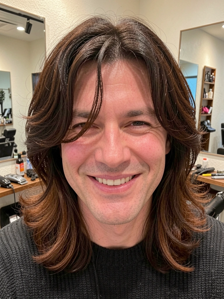 Homem de cabelo comprido volumoso sentado em barbearia, com espelho ao fundo e luz quente