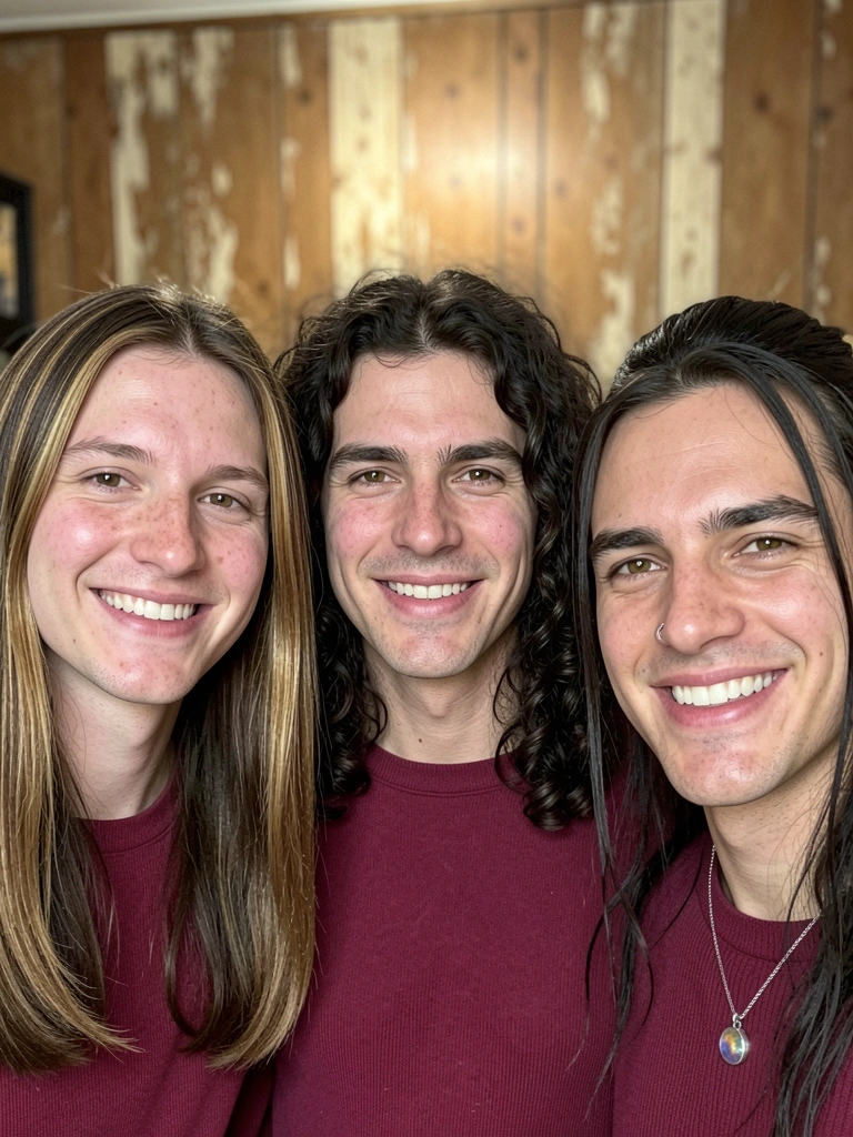 Quatro homens de cabelo comprido em poses frontais, com texturas e cortes variados