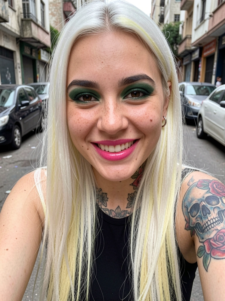 Jovem de cabelo comprido com risca ao meio em pé na rua, ao fundo prédios e calçada.