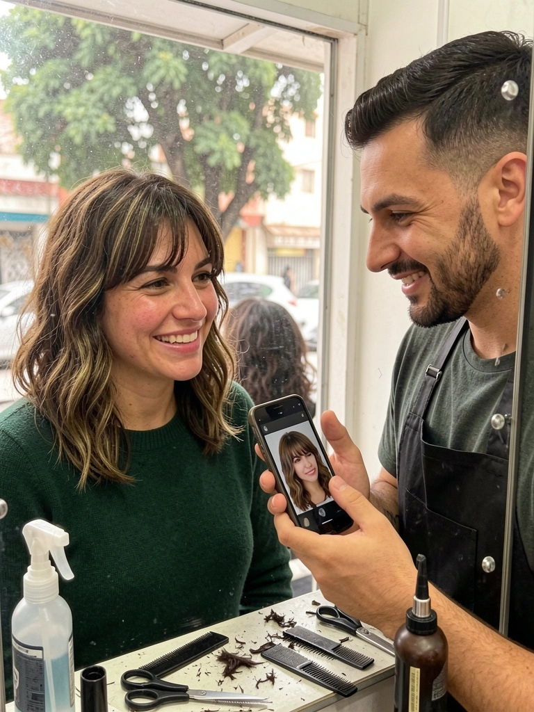 Homem sentado na cadeira da barbearia mostrando uma foto de referência no celular para o barbeiro em frente ao espelho.