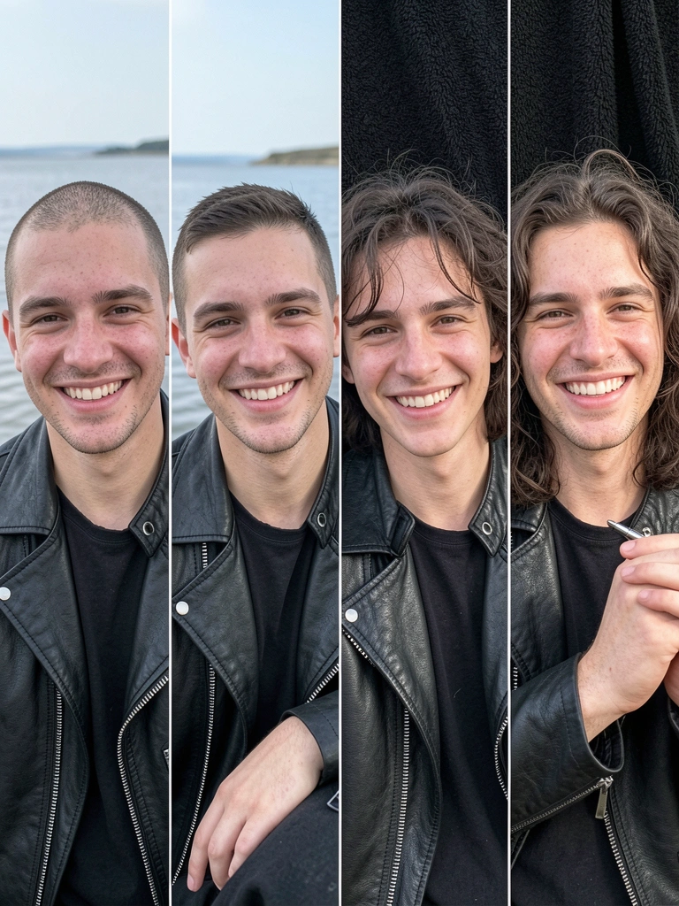 Quatro quadros lado a lado mostrando o crescimento do cabelo masculino em etapas, do curto ao comprido