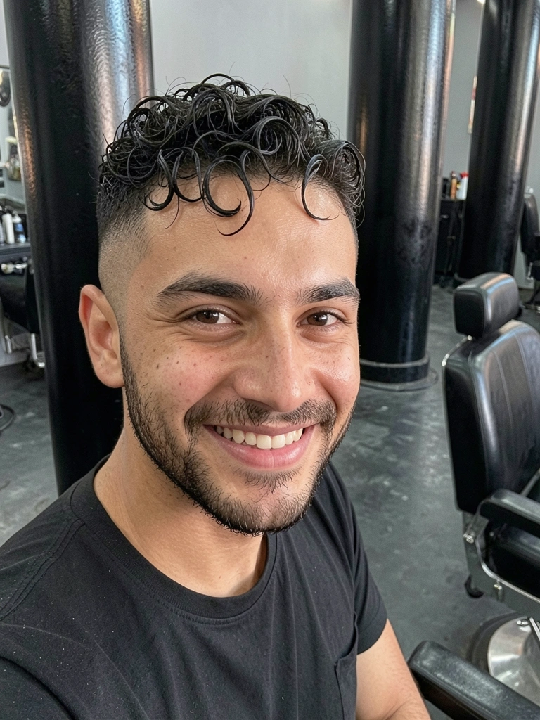 Homem com corte degradê baixo e barba cheia aparada, visto de perfil contra parede clara