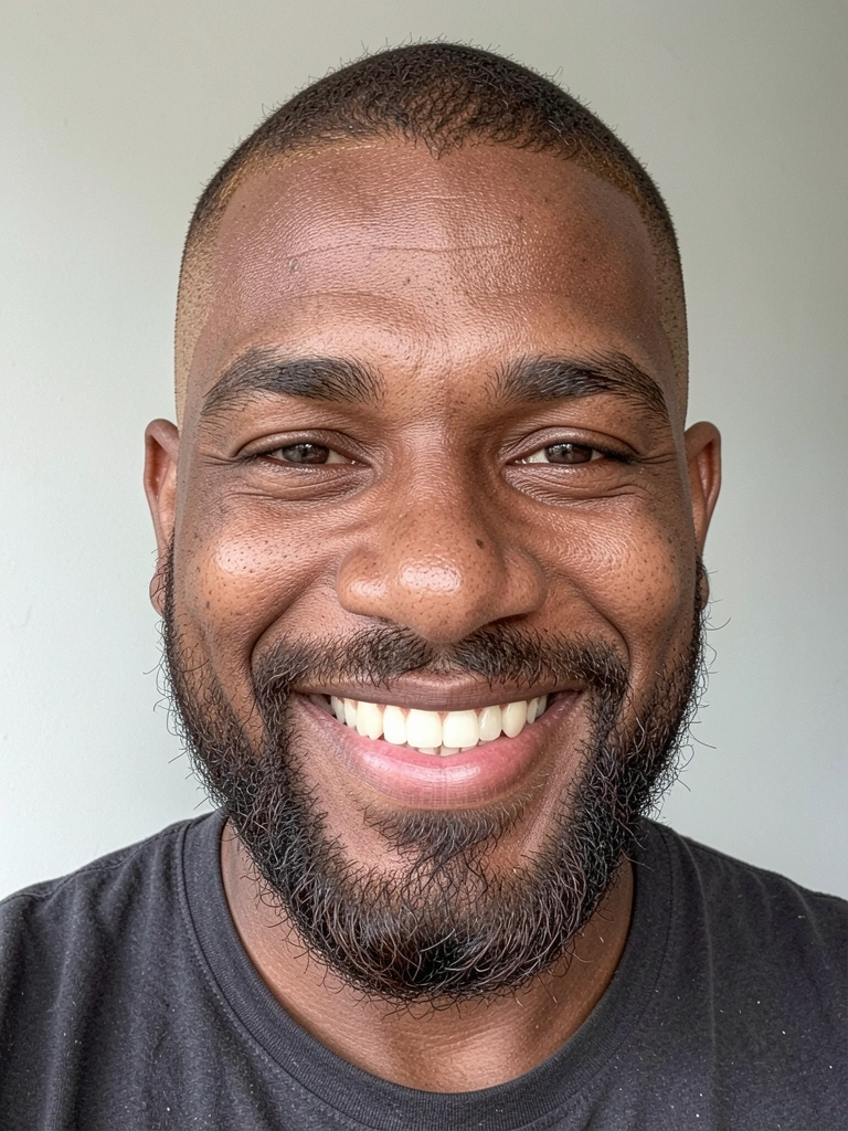 Homem de perfil com corte degradê baixo e barba cheia aparada, fundo neutro.