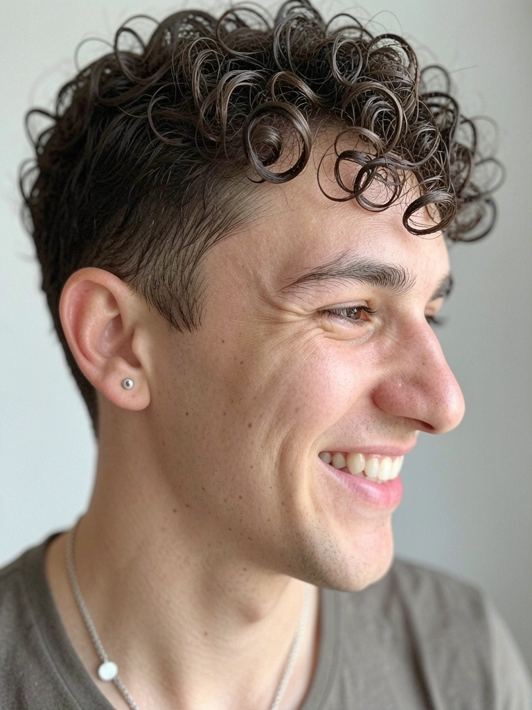 Homem de perfil com corte degradê baixo e barba cheia bem aparada, fundo desfocado em tons neutros.