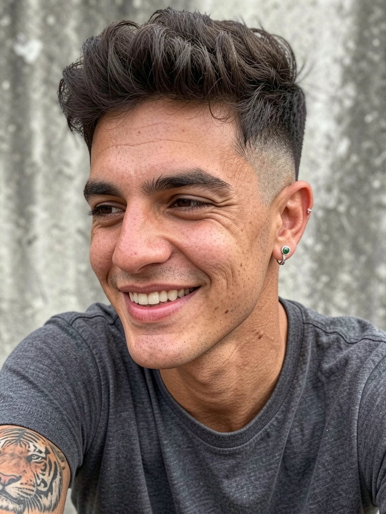 Homem de perfil com corte de cabelo curto e barba aparada, iluminado por luz lateral suave.