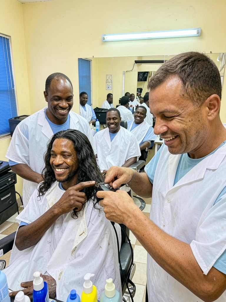 Profissional de barbearia finalizando corte masculino com máquina, em ambiente com espelho e bancada iluminada.