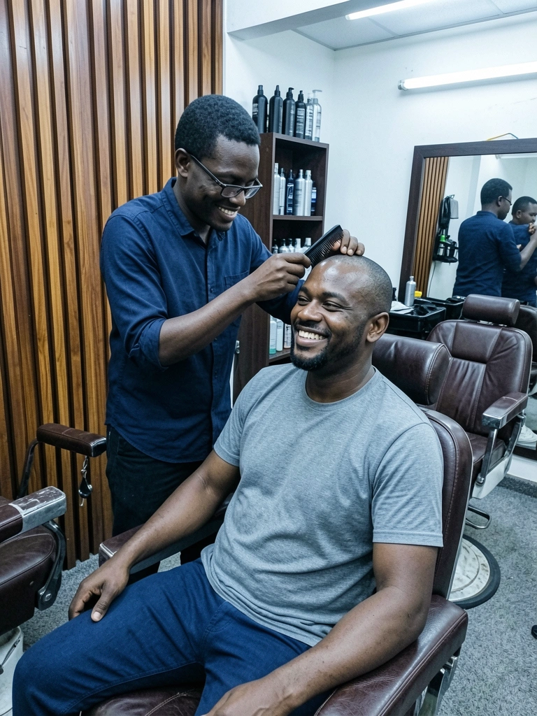 Pessoa cortando cabelo masculino com máquina, em ambiente de salão de beleza.