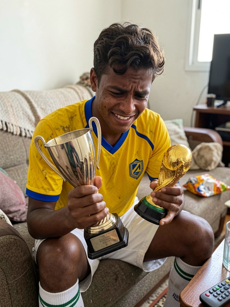 Torcedor de camisa amarela segura troféu olímpico e taça do mundo em uma sala de estar.