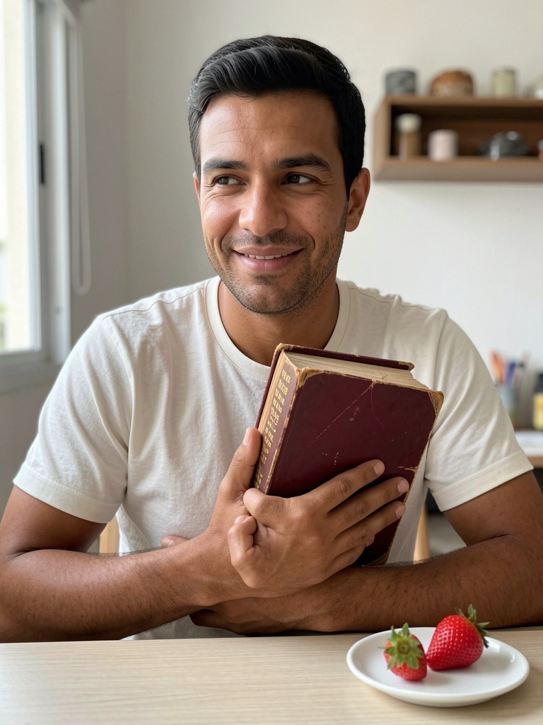 Homem segurando um livro antigo aberto, com expressão pensativa e olhar voltado para as páginas.