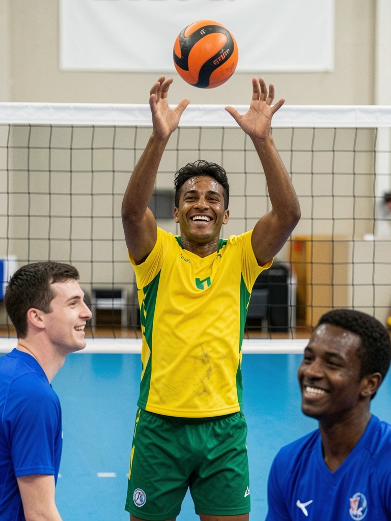 Rede de vôlei esticada entre postes em quadra oficial, com faixa branca no topo e linhas demarcadas no piso.