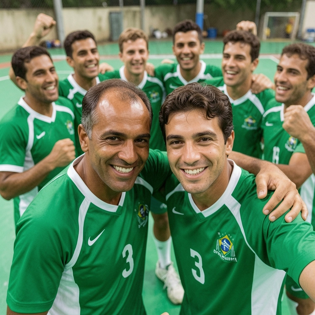 Atletas de vôlei comemorando em quadra, com os braços erguidos e expressão de superação.
