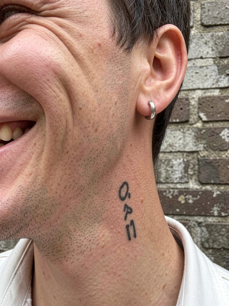 Tatuagem preta de linhas finas no pescoço de um homem, vista de perfil