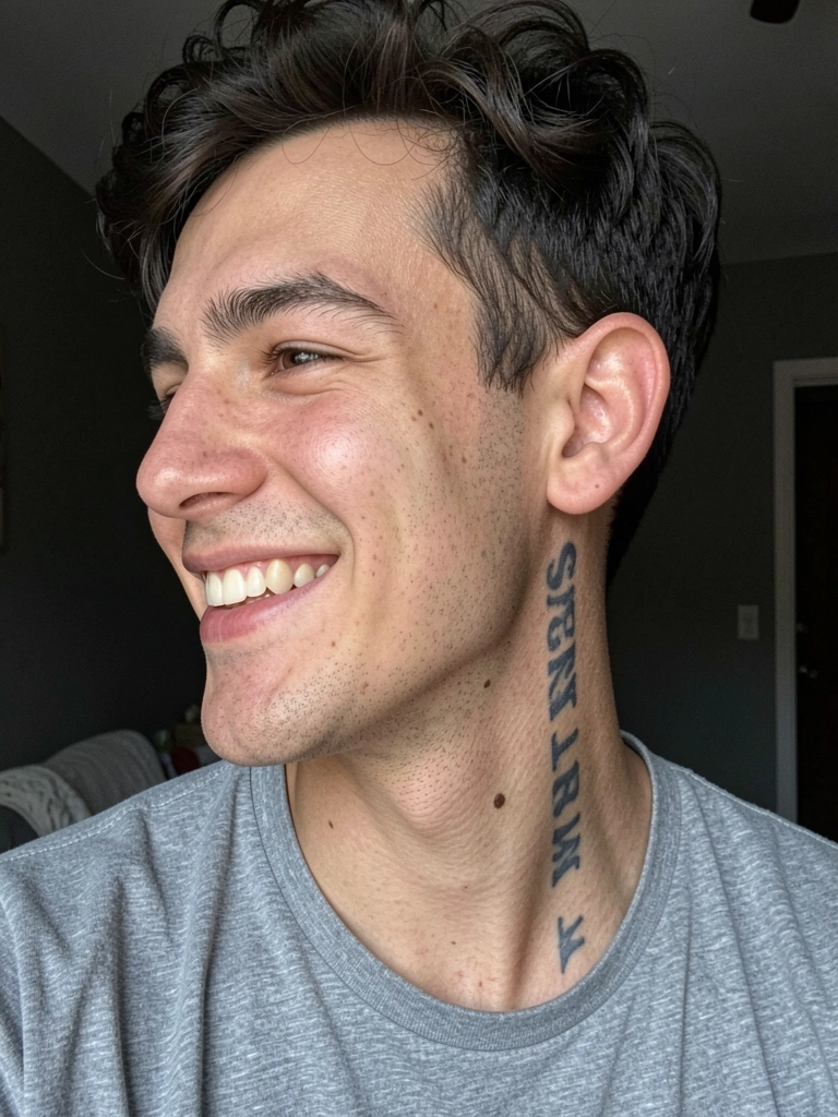 Tatuagem escura na lateral do pescoço de um homem, vista de perfil, com fundo desfocado.