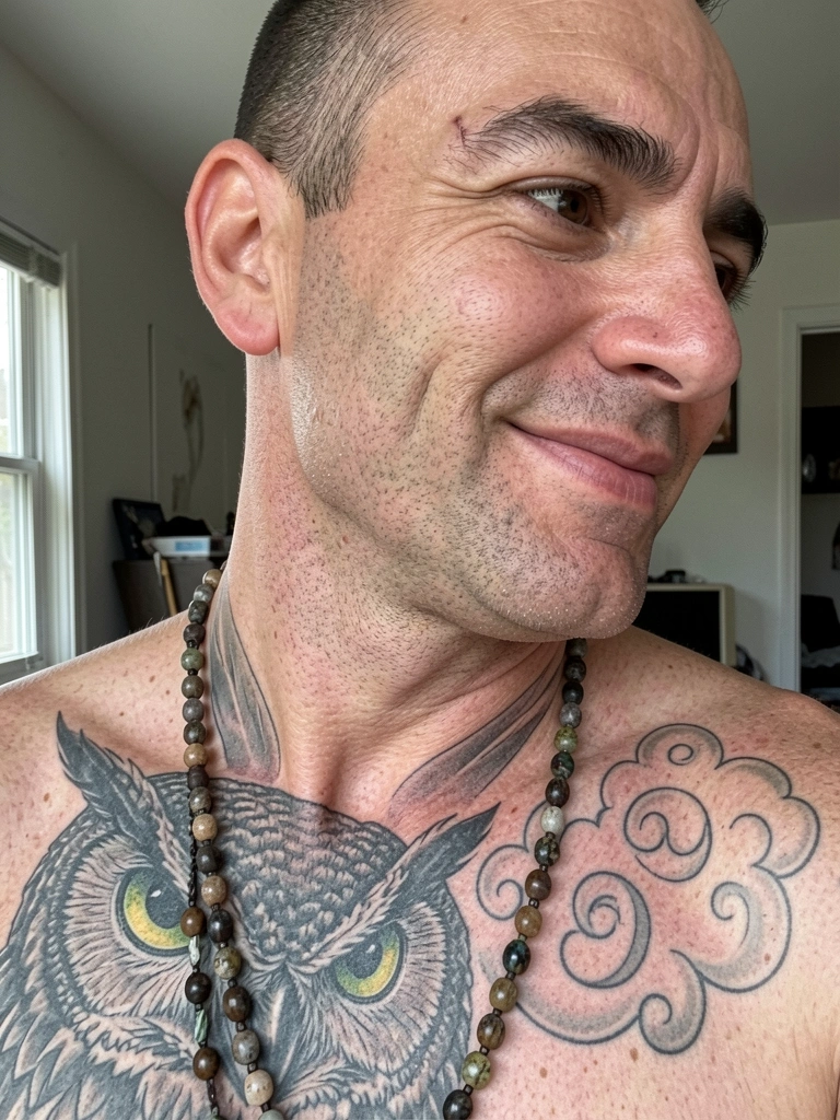 Tatuagem escura de linhas finas na lateral do pescoço de um homem, vista de perfil