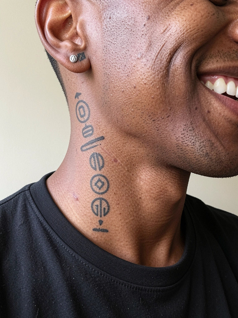Tatuagem em preto e cinza cobre a lateral do pescoço de um homem, vista de perfil contra fundo neutro