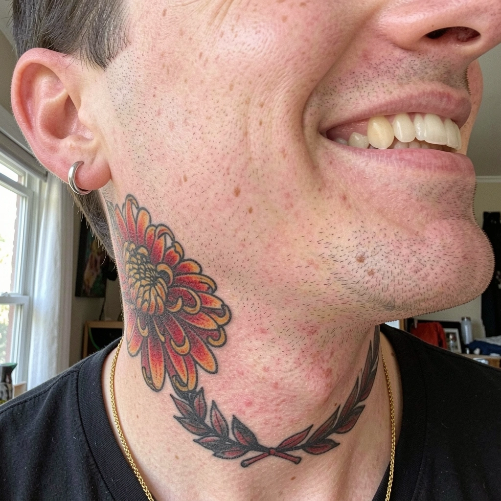 Tatuagem preta de linhas finas na lateral do pescoço de um homem, vista de perfil