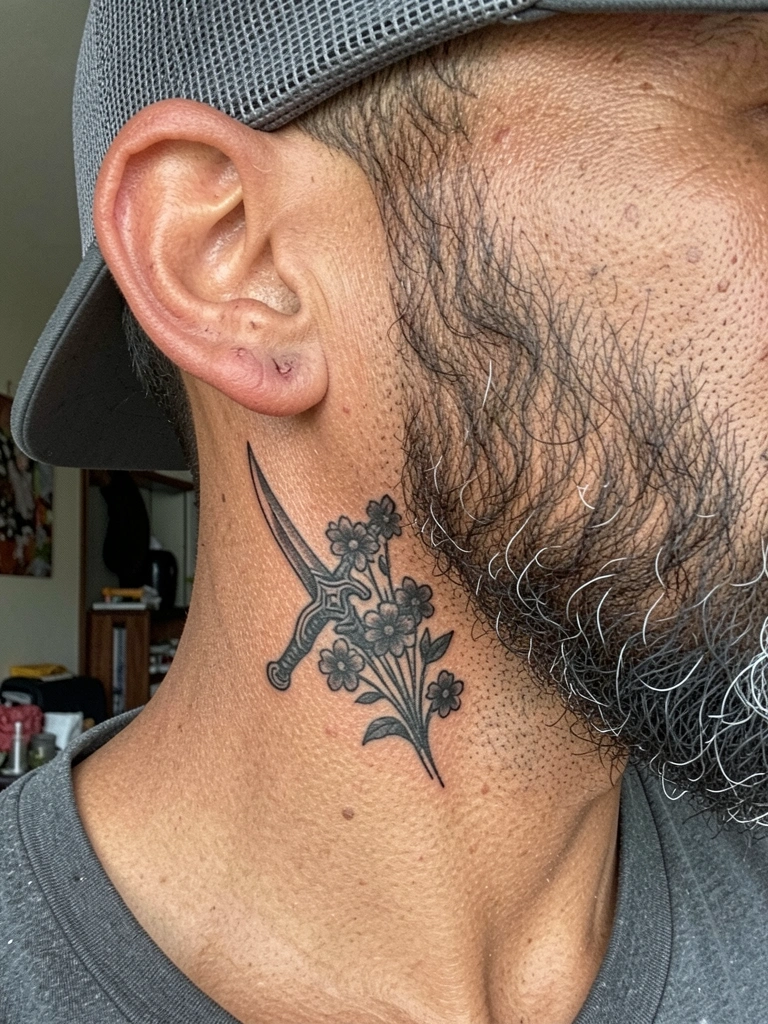 Tatuagem em preto e cinza no pescoço de um homem, com desenho de linhas finas e sombreamento.